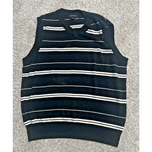 Arcadi Men’s Sweater Vest Size Large Black White Striped V-Neck 100% Acrylic